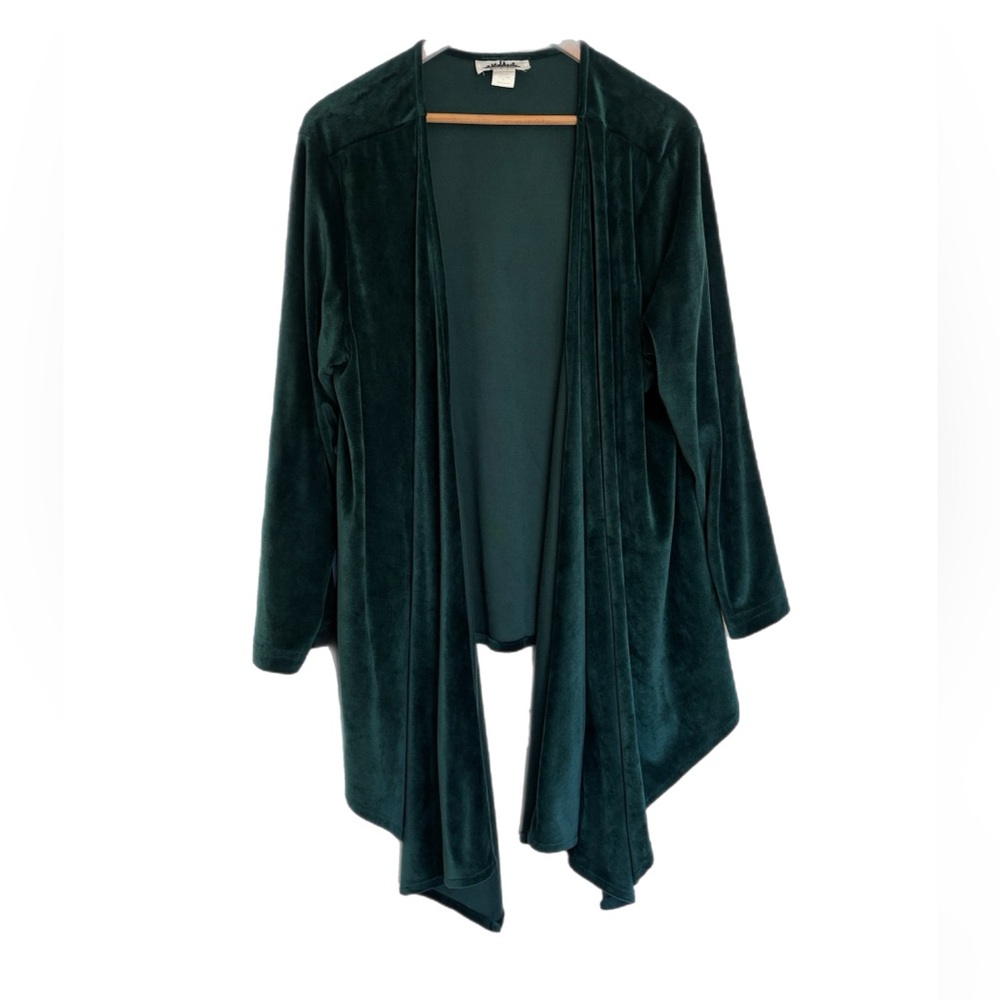 Metropolitan emerald green velour drapey open front cardigan